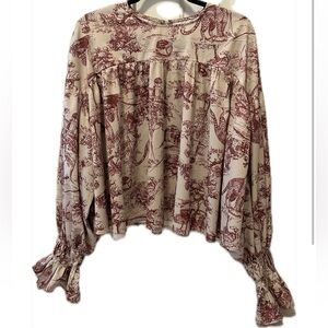 SHEIN Red and Cream Toile Patterned Blouse Large